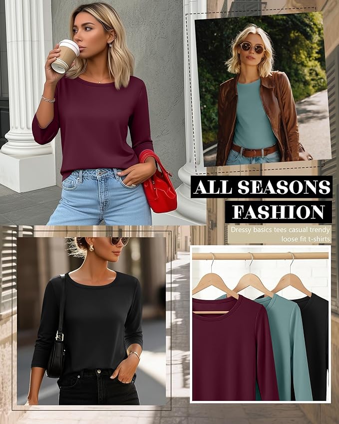 Ficerd 3 Pack 3/4 Sleeve Tops for Women Round Neck Dressy Basics Tees Casual Trendy Loose Fit T Shirts
