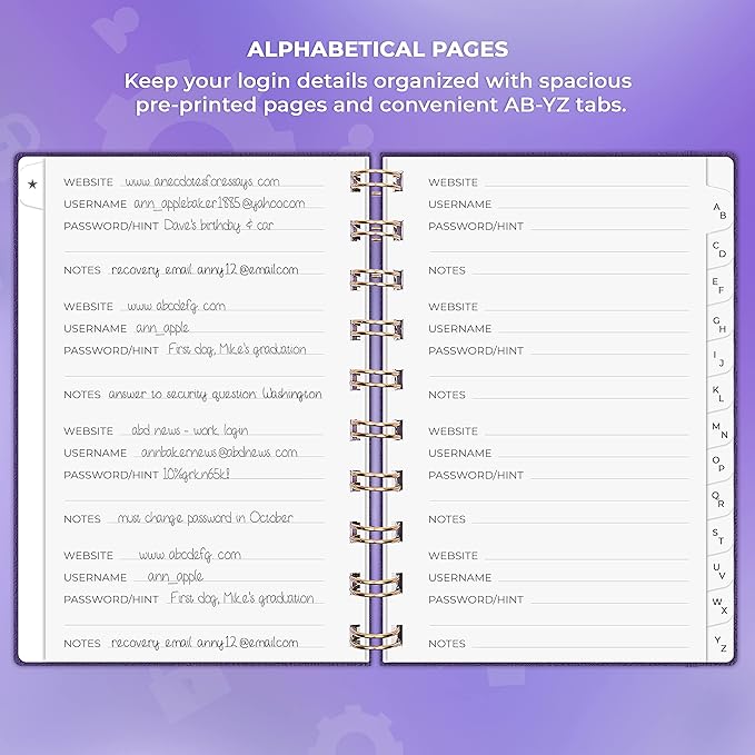 Clever Fox Password Book Spiral – Mini Internet Address & Password Organizer with Laminated Alphabetical Tabs – Small Password Keeper Journal – Hardcover, Pocket Size, 4.7x5.7” (Purple)