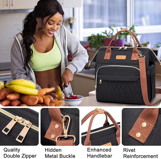 AIJIEKE Lunch Bag for Women, Leakproof & Insulated Work Lunch Box Tote, Reusable Adult Cooler Bag with Water Bottle Side Pocket & Removable Shoulder Strap, Black