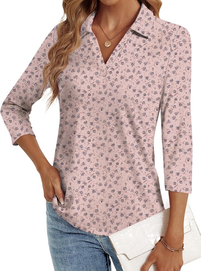 3/4 Length Sleeve Womens Tops Dressy Casual V Neck Polo Shirts Business Work Blouses 2025 Trendy Tunic Top
