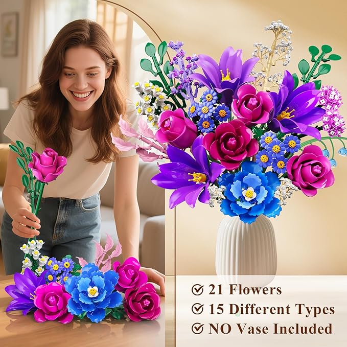 CUBIMANA Valentines Flowers Bouquet Building Set with LED Light, 21 Flower Botanical Collection Block Toy, Rose Lily Home Plant Decor 1054PCS, Gifts for Her Adults Women Mom Kids Girls 12+ (Purple)
