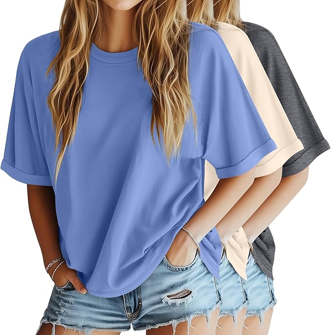 Riyiper 3 Pack Women's Oversized T-Shirt Half Sleeve Summer Tees Casual Loose Fit Crew Neck Basic Tops