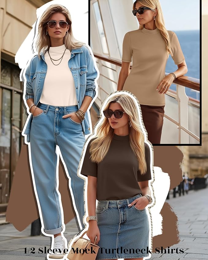 Ficerd 3 Pack Women's 1/2 Sleeve Mock Turtleneck Shirts, Elbow Length Shirt Half Sleeve Tunic Top Casual Summer Basic Tees