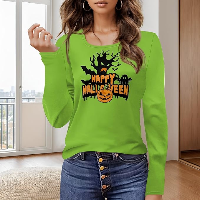domirica Halloween Sweatshirts For Women Cute Pullover Fall Long Sleeve Pullover U-Neck Halloween Crazy Party Club Clothes