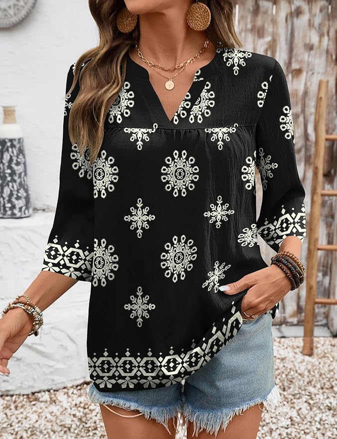 Rapbin Womens 3/4 Sleeve V Neck Floral Print Pleated Blouses for Women Dressy Casual Loose Fit Tops