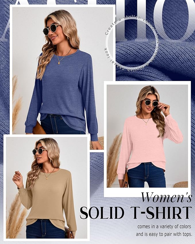 Ficerd 3 Pack Women's Long Sleeve Shirts, Cotton Crew Neck Tunic Tops Casual Loose Fit Pullover Sweatshirts Curved Hem Shirts