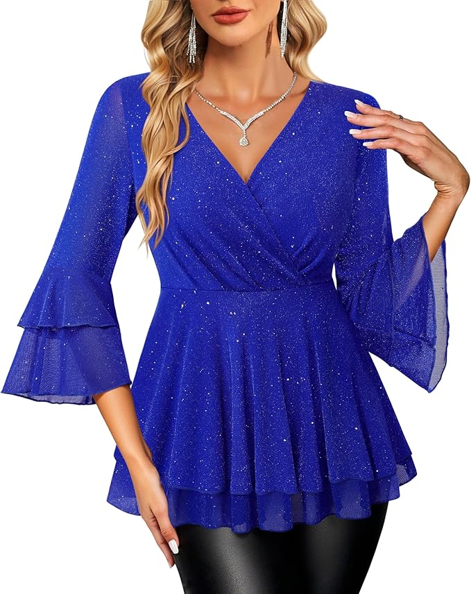 Lotusmile Women's Dressy Blouses Ruffle 3/4 Sleeve Peplum Sparkly Tops
