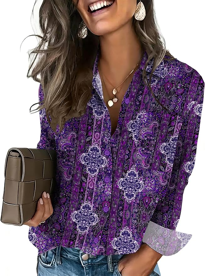 HOTOUCH Button Down Shirts for Women Long Sleeve Blouse Dressy Casual Business Work Tops with Pocket