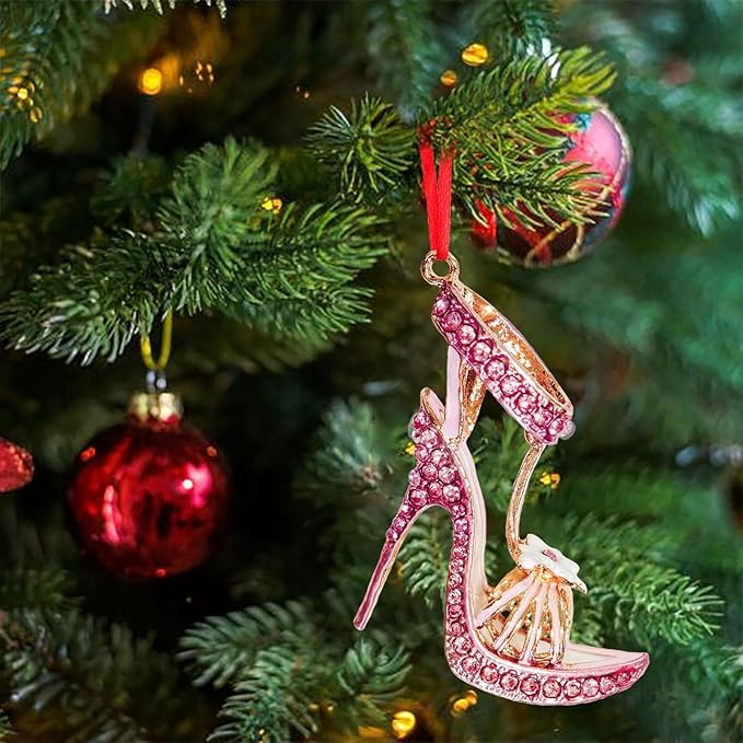 Ushinemi Shoe Christmas Ornaments, High Heel Shoe with White Flower Ornament Xmax Tree Decor, Sparkles Hanging Keepsake Gifts for Mom Grandma Women Girls Sisters