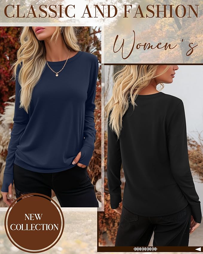 Huukeay 3 Pack Women's Long Sleeve Shirts with Thumb Holes, Cotton Casual Crew Neck Tunic Tops Fall Loose Y2k Trendy Outfits