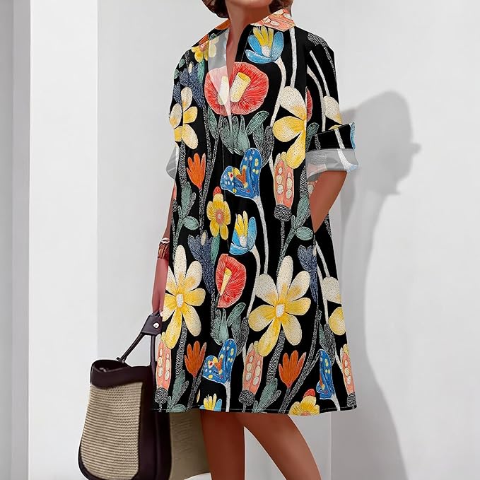 Shirt Dresses for Women 2025 Summer Long Sleeve Casual Plus Size Floral Printed Beach Vacation Dress with Pockets