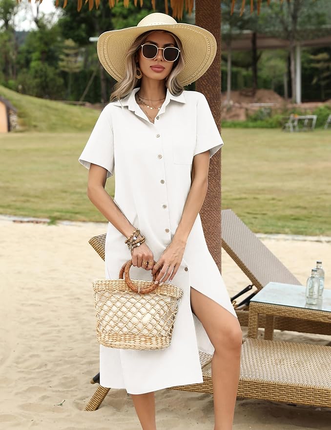 HOTOUCH Womens Dress Summer Casual Midi Short Sleeve Button Down Shirt Dresses Loose Beach Cover Up with Pockets