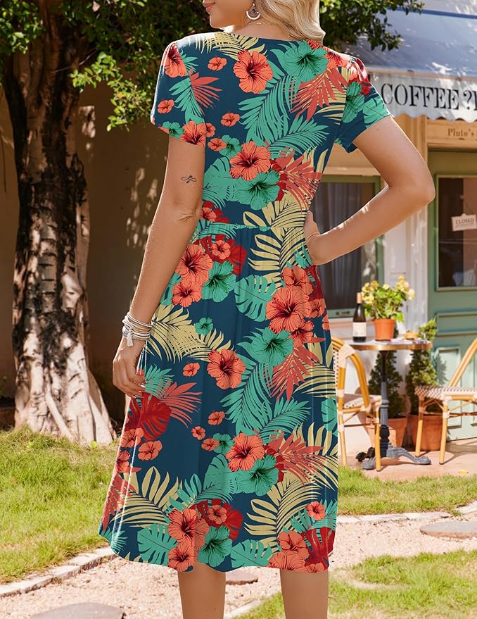 HOTOUCH Women's Summer A-Line Midi Dresses 2026 Casual Floral Short Sleeve T-Shirt Dress Flowy Beach Sundress with Pockets