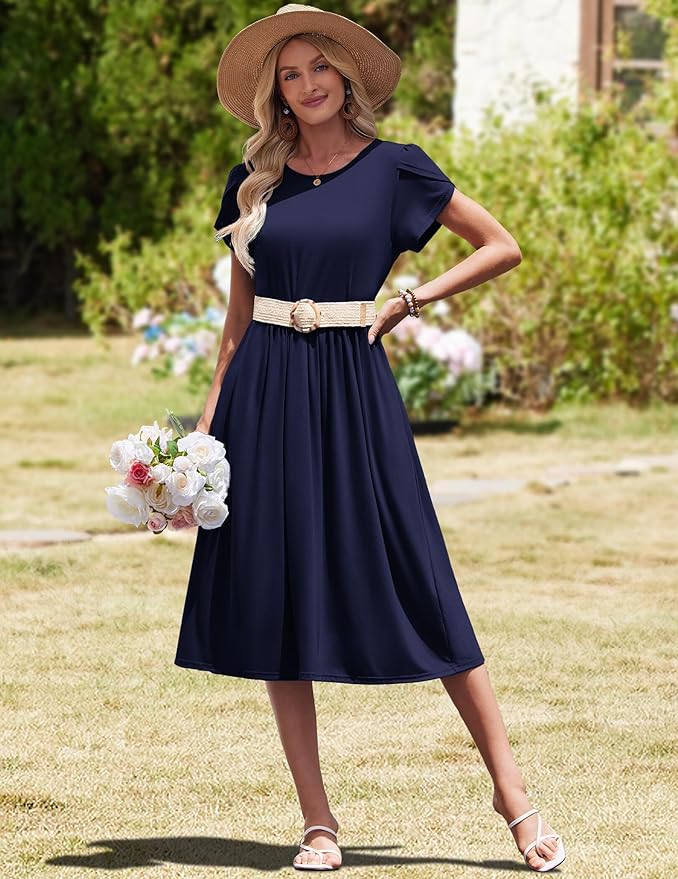 HOTOUCH Women's Summer A-Line Midi Dresses 2026 Casual Floral Short Sleeve T-Shirt Dress Flowy Beach Sundress with Pockets