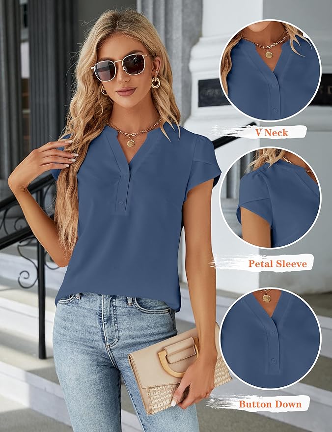 Blooming Jelly Women's Dressy Casual Tops Business Work Blouses White Button Down Shirts Cap Sleeve V Neck Tshirt