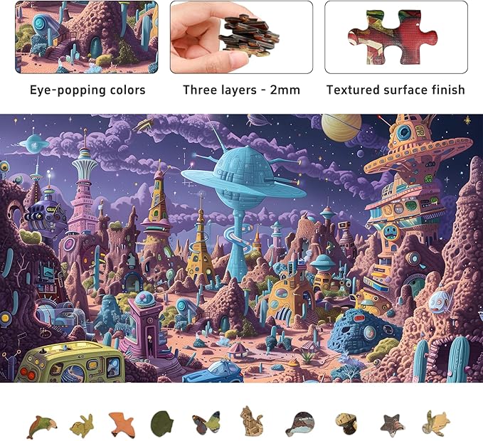 Naturelish Alien Planet Jigsaw Puzzles for Adults 1000 Pieces, Brain Challenging Shaped Puzzle for Game Night Family Friends, Size 26.6 x 19.2, Monsters Purple World