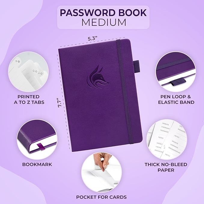 Clever Fox Password Book with alphabetical tabs. Internet Address Organizer Logbook. Medium Password Keeper for Website Logins (Purple)