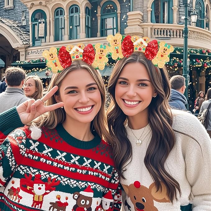 ETLUK Christmas Mouse Ears Headband for Women, Sequin Christmas Ears Headband for Party Cosplay Costumes Accessories（Green Gingerbread）