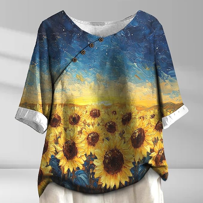 Women's Shirts Dressy Casual Asymmetric Side Button Down Design Tops Summer Loose Fit Crewneck Graphic Tees