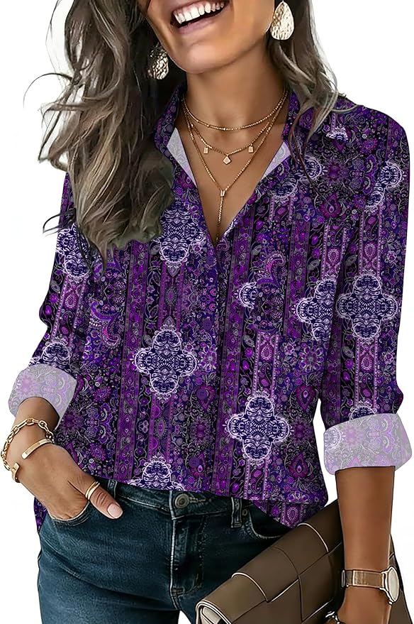 HOTOUCH Button Down Shirts for Women Long Sleeve Blouse Dressy Casual Business Work Tops with Pocket