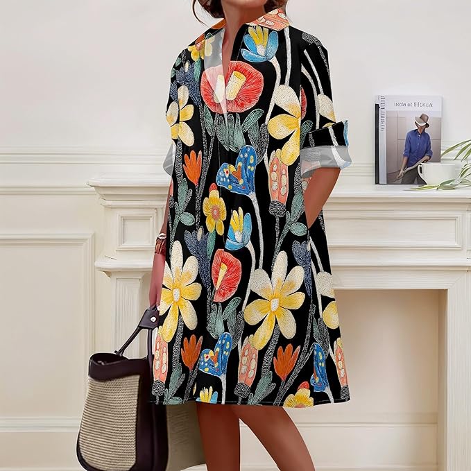 Shirt Dresses for Women 2025 Summer Long Sleeve Casual Plus Size Floral Printed Beach Vacation Dress with Pockets