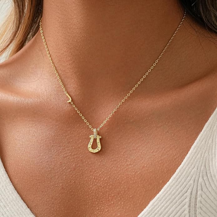 ITS4YEO Valentines Day Gifts for Women Hers, Lucky Horseshoe Initial Necklace, Dainty 14K Gold Plated Pendant Necklace, Trendy Hypoallergenic Jewelry, Gifts for Women and Teen Girls