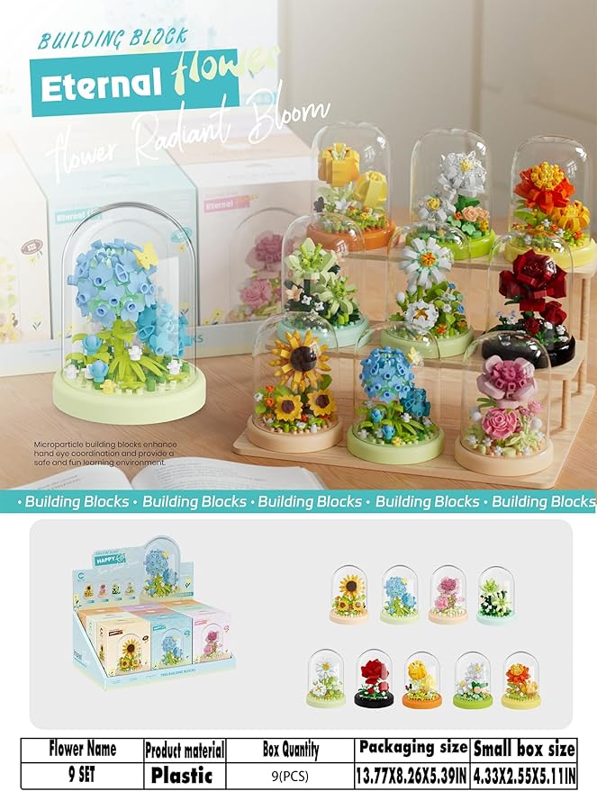 9 Set Secret Mini Flower Building Toy Bouquets with Dust Cover Set Creative Assembly Bonsai Tree Ideal for Home Decor Collection Toys
