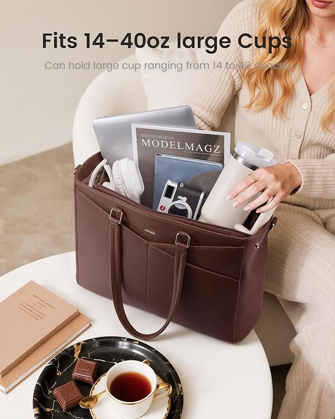 LOVEVOOK Lunch Tote Bag for Women, 3 in 1 Work Bag with Leakproof Cooler Compartment, Laptop Bag with Large Cup Holder for Office, College, Casual, Retro Brown
