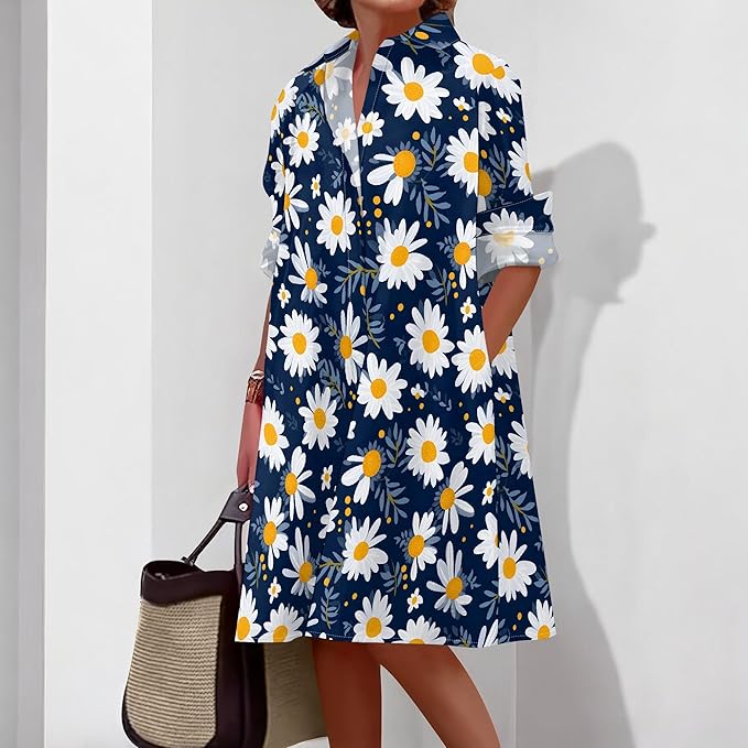 Shirt Dresses for Women 2025 Summer Long Sleeve Casual Plus Size Floral Printed Beach Vacation Dress with Pockets