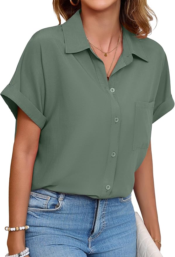 Womens Button Down Shirt Casual Short Sleeve Collared Work Blouse with Pocket