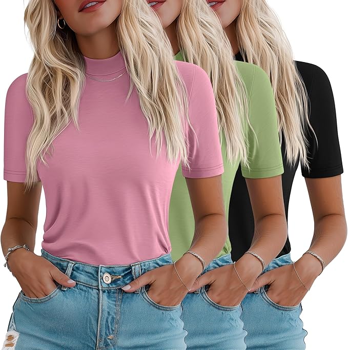 Ficerd 3 Pack Women's 1/2 Sleeve Mock Turtleneck Shirts, Elbow Length Shirt Half Sleeve Tunic Top Casual Summer Basic Tees