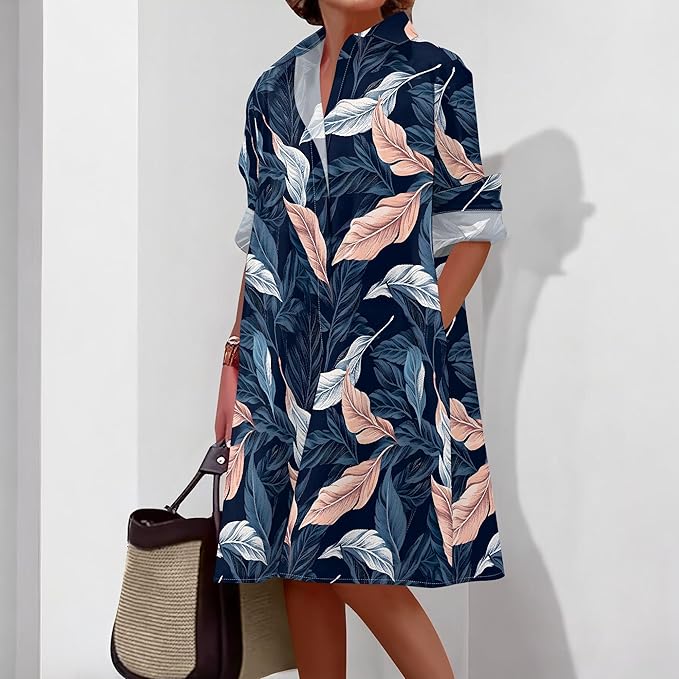 Shirt Dresses for Women 2025 Summer Long Sleeve Casual Plus Size Floral Printed Beach Vacation Dress with Pockets