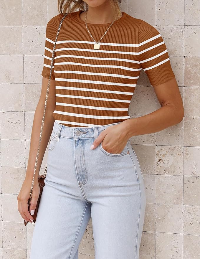 ZESICA Women's Short Sleeve Crewneck Striped T Shirt 2026 Summer Ribbed Knit Slim Fit Casual Basic Tee Tops
