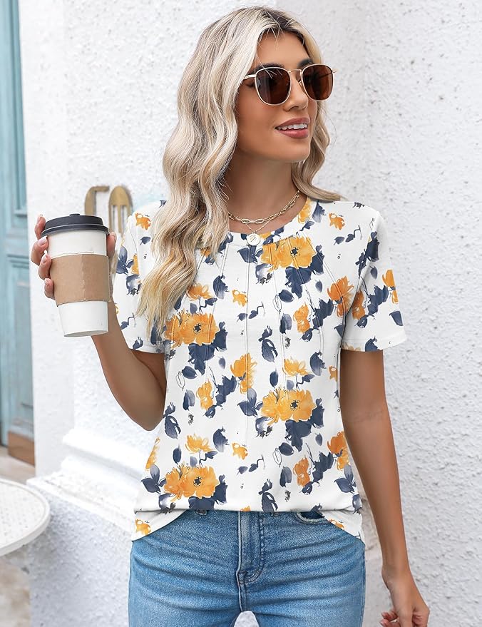 Kistore Womens Casual Crew Neck Short Sleeve Pleated Tops Blouses Fashion Clothes 2026
