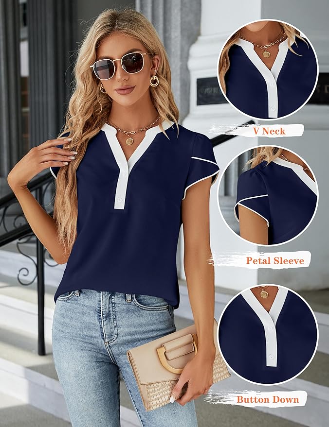 Blooming Jelly Women's Dressy Casual Tops Business Work Blouses White Button Down Shirts Cap Sleeve V Neck Tshirt