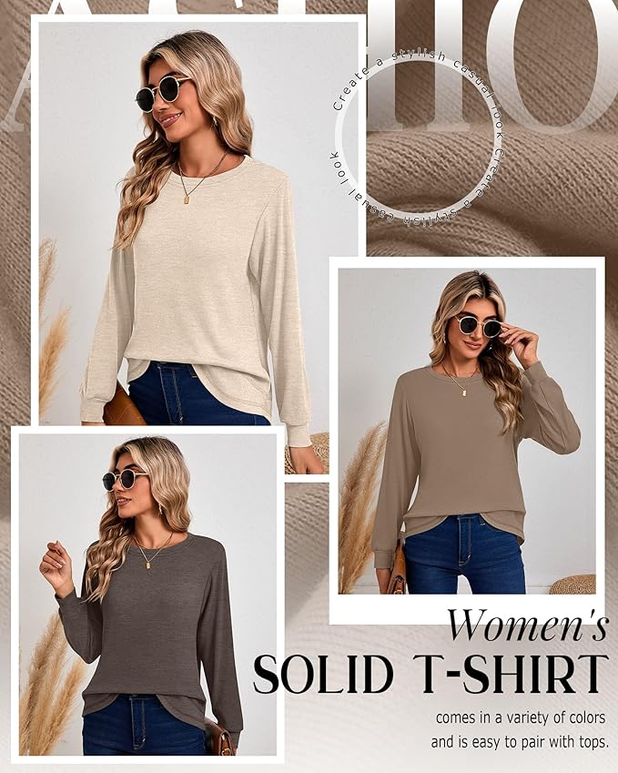 Ficerd 3 Pack Women's Long Sleeve Shirts, Cotton Crew Neck Tunic Tops Casual Loose Fit Pullover Sweatshirts Curved Hem Shirts