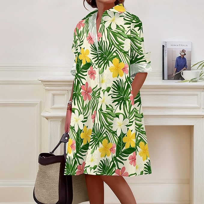 Shirt Dresses for Women 2025 Summer Long Sleeve Casual Plus Size Floral Printed Beach Vacation Dress with Pockets