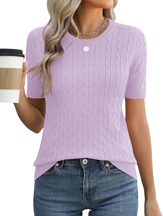 Micoson Womens Short Sleeve Cable Knit Sweater Tops Crewneck Lightweight Spring Summer Shirts Business Dressy Casual Outfits