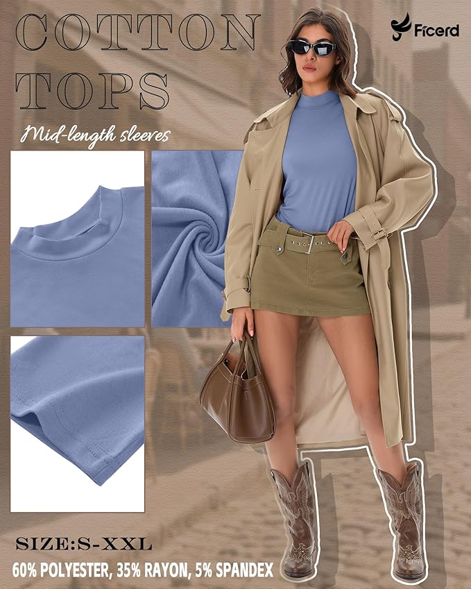 Ficerd 3 Pack Women's 1/2 Sleeve Mock Turtleneck Shirts, Elbow Length Shirt Half Sleeve Tunic Top Casual Summer Basic Tees