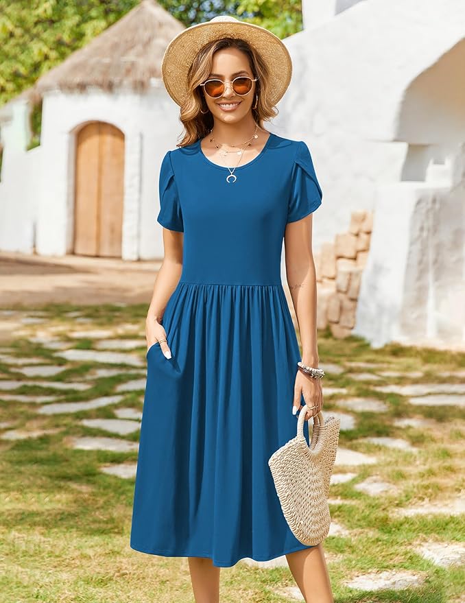 HOTOUCH Women's Summer A-Line Midi Dresses 2026 Casual Floral Short Sleeve T-Shirt Dress Flowy Beach Sundress with Pockets