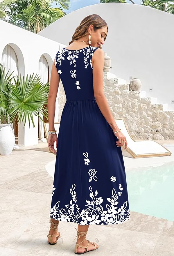 WNEEDU Women's Summer Maxi Dress 2026 Casual Sleeveless Hawaiian Sundress Tropical Long Dress Beach Vacation Outfit