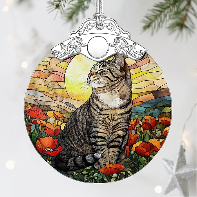 Stained Glass Ornament, Christmas Ornaments, Christmas Decorations for Tree, Holiday Ornament, Gifts for Cat Lovers, Holiday Party Gifts, Gift Ideas & Xmas Gift - Cat