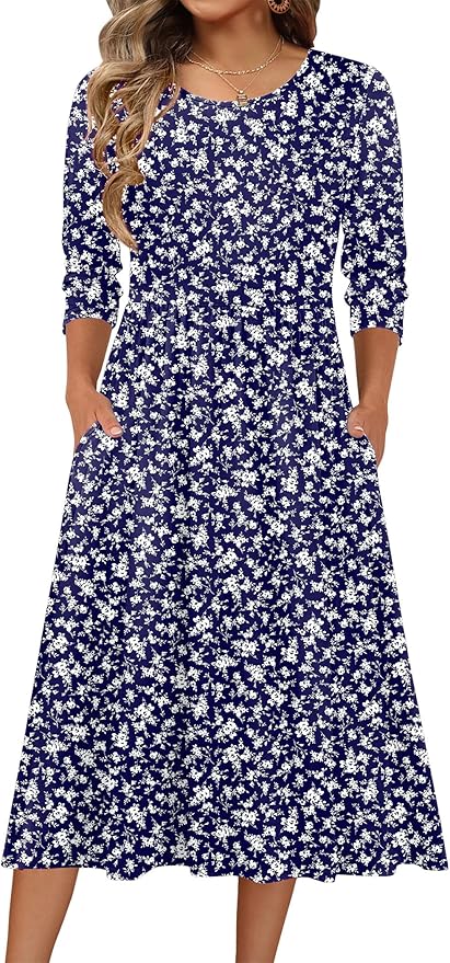 Zeagoo 3/4 Sleeve Women's Dress Casual Flowy A-Line Midi Tshirt Dresses with Pockets Crewneck Vocation Boho Beach Sundress