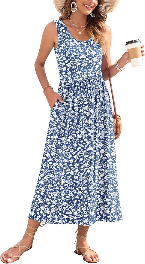 WNEEDU Women's Summer Maxi Dress 2026 Casual Sleeveless Hawaiian Sundress Tropical Long Dress Beach Vacation Outfit