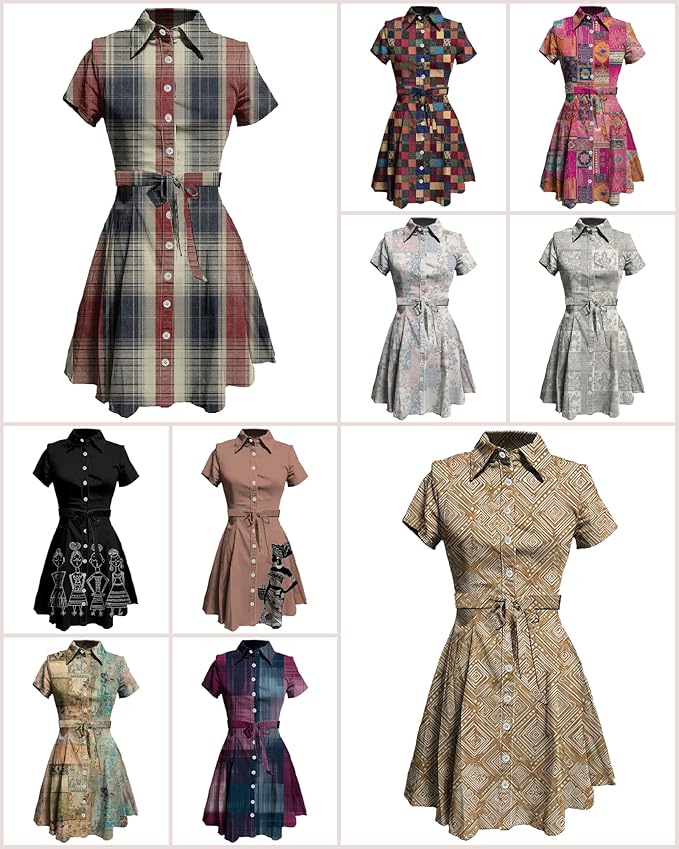 MARSVOVO Vintage Retro Shirt Dress for Women Short Sleeve Button Down Tie Waist Elegant Smocked Knee Length Dress