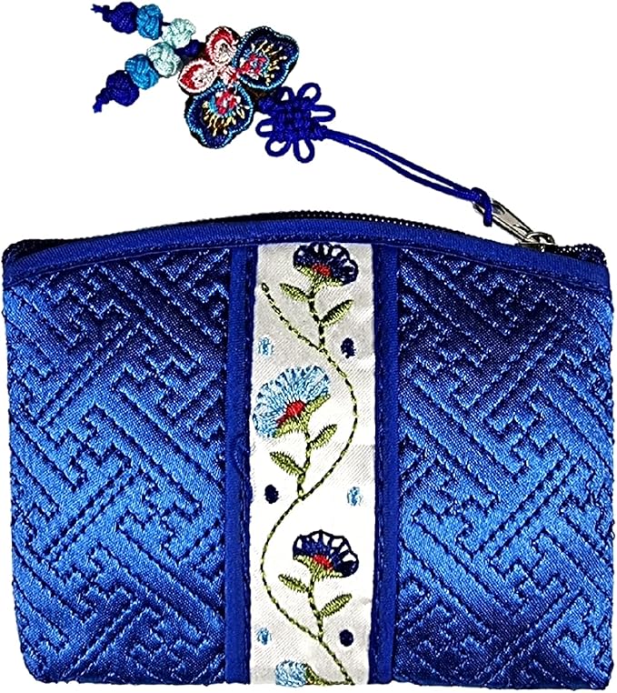 Seoulful Vintage Korean Embroidered Card Pouch - Wildflower Design Coin Purse with Butterfly Charm - Traditional Korean New Year's Gifts (Blue)