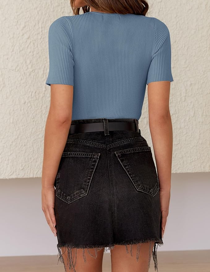 ZESICA Women's Short Sleeve Sweater Tops 2026 Summer Crewneck T Shirt Ribbed Knit Slim Fit Basic Solid Color Tee