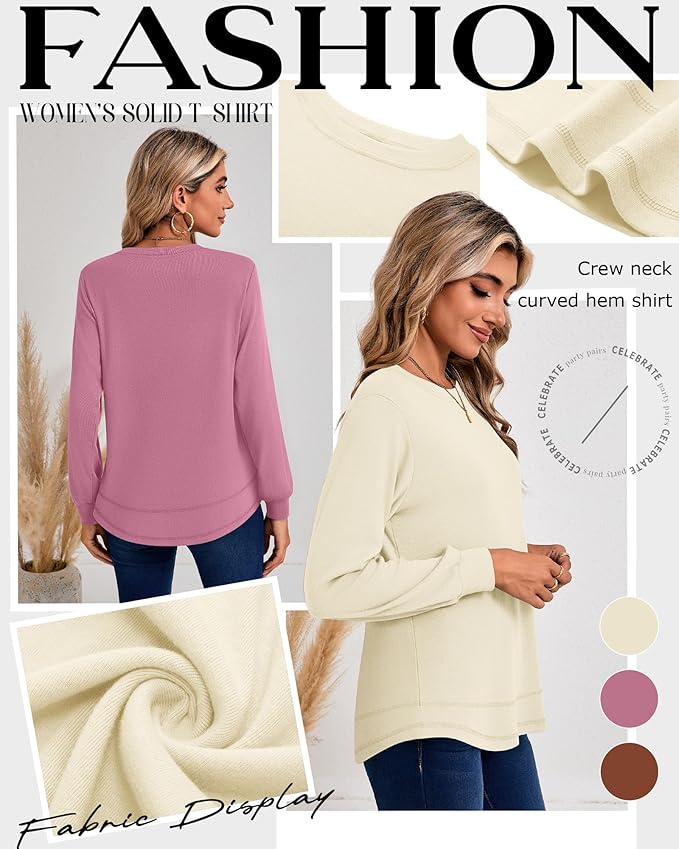 Ficerd 3 Pack Women's Long Sleeve Shirts, Cotton Crew Neck Tunic Tops Casual Loose Fit Pullover Sweatshirts Curved Hem Shirts