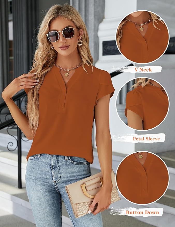Blooming Jelly Women's Dressy Casual Tops Business Work Blouses White Button Down Shirts Cap Sleeve V Neck Tshirt
