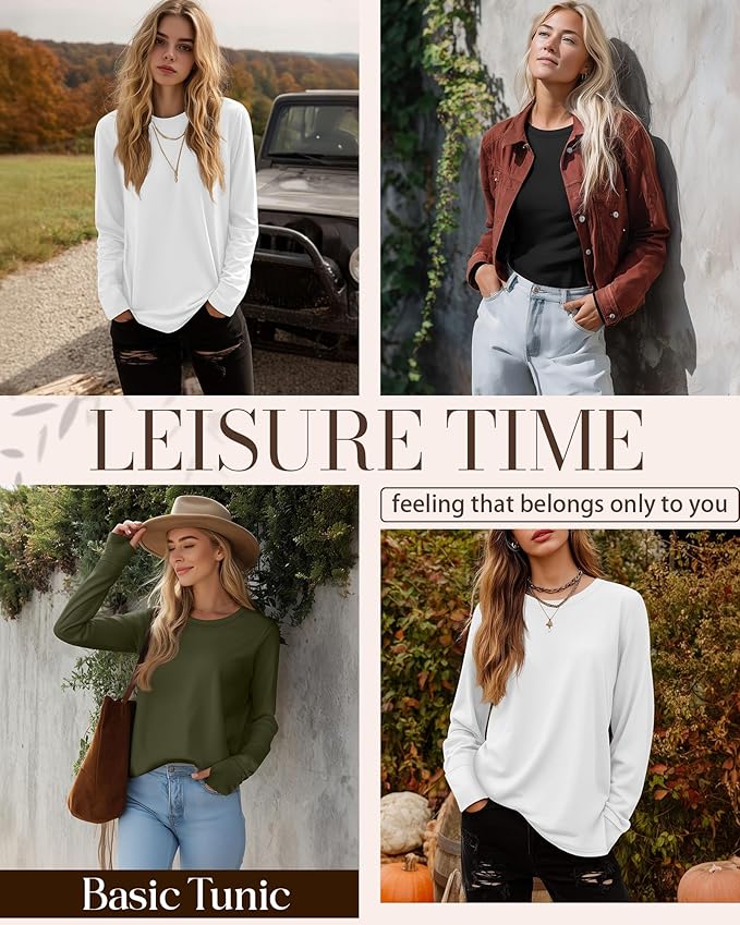 Huukeay 3 Pack Women's Long Sleeve Shirts with Thumb Holes, Cotton Casual Crew Neck Tunic Tops Fall Loose Y2k Trendy Outfits
